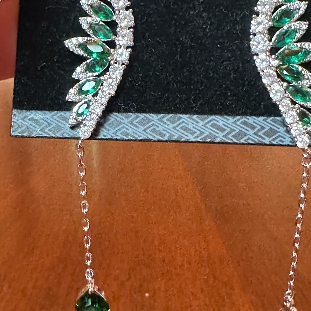 Emerald Green Rhinestone Drop Earrings | Elegant Statement Jewelry - Picture 5 of 6